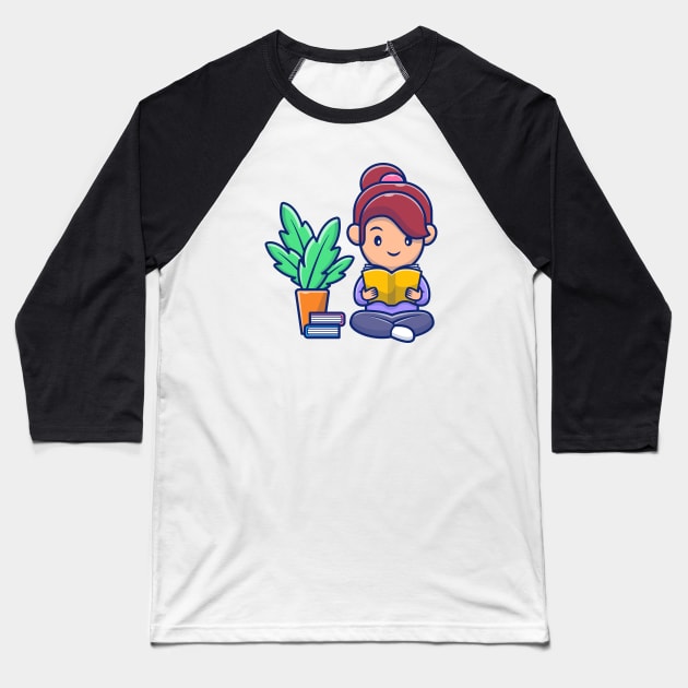 Cute girl reading book cartoon Baseball T-Shirt by Catalyst Labs